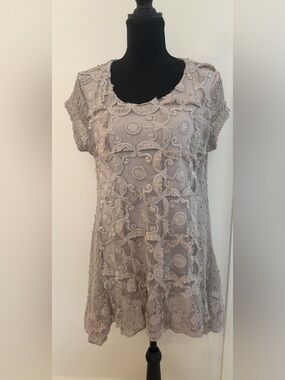 Tempo Paris Taupe Boho Lined Embroidered Short Sleeve Tunic with Sequins L